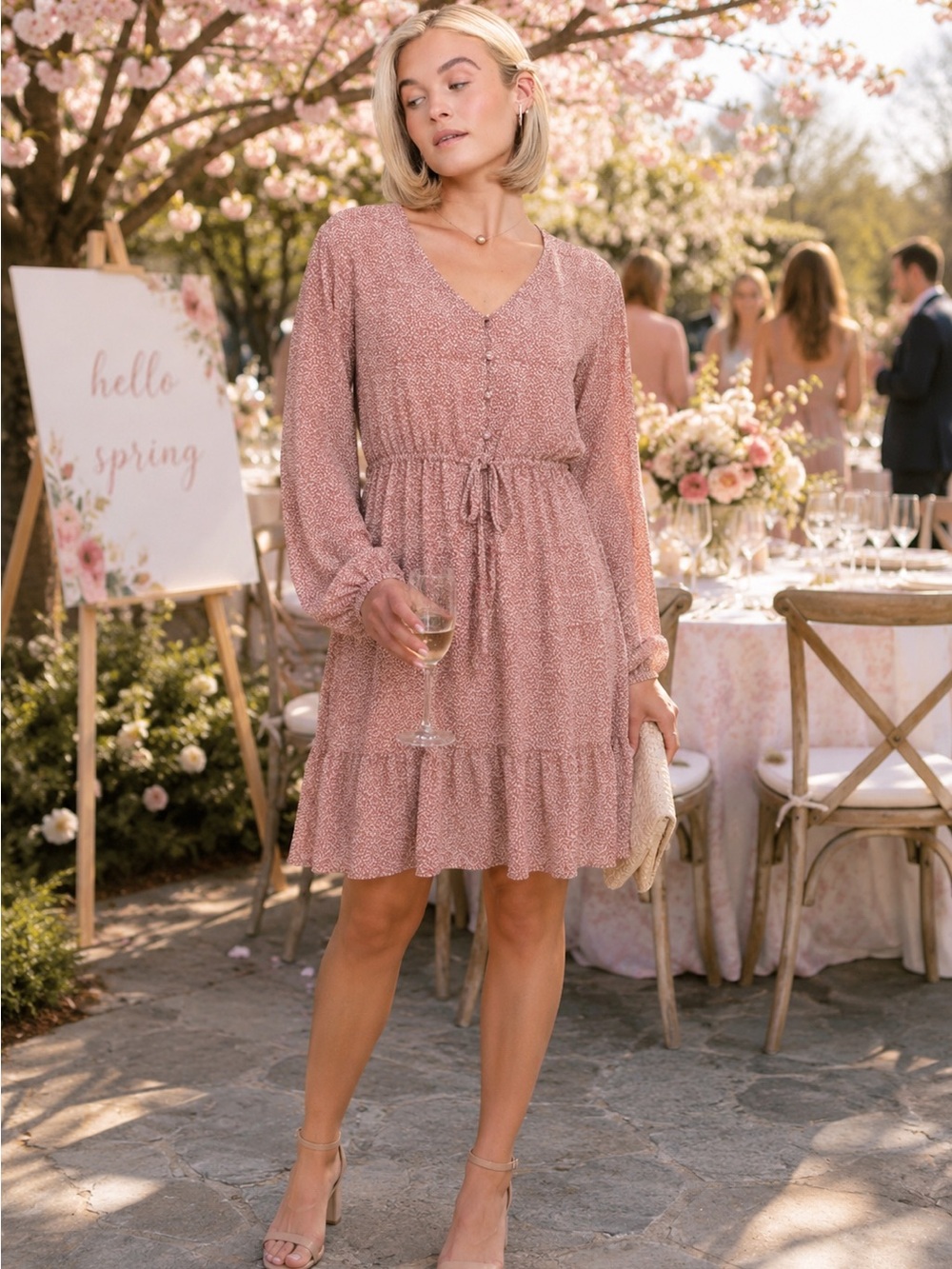 Mikarose Dusty Rose Long Sleeve V-Neck Maxi Dress